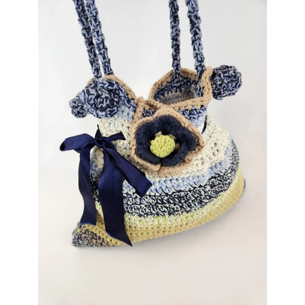 Funky Fun Handmade Crochet Knit Bag Large Purse‎ Boho Hippie Flowers Blue Beige